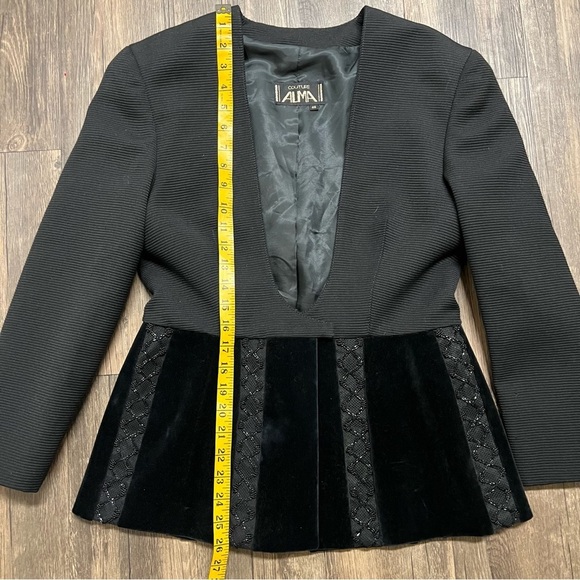 ALMA Couture Black Fitted Peplum Beaded Blazer Cocktail Jacket Velvet Holidays L - Picture 16 of 16